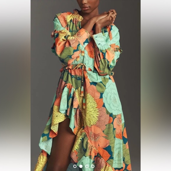 Anthropologie Farm Rio Long Sleeve Floral Midi Dress Hi Lo Green Motif - Picture 2 of 6